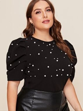 SHEIN Black Pearl-Studded Puff Sleeve Top